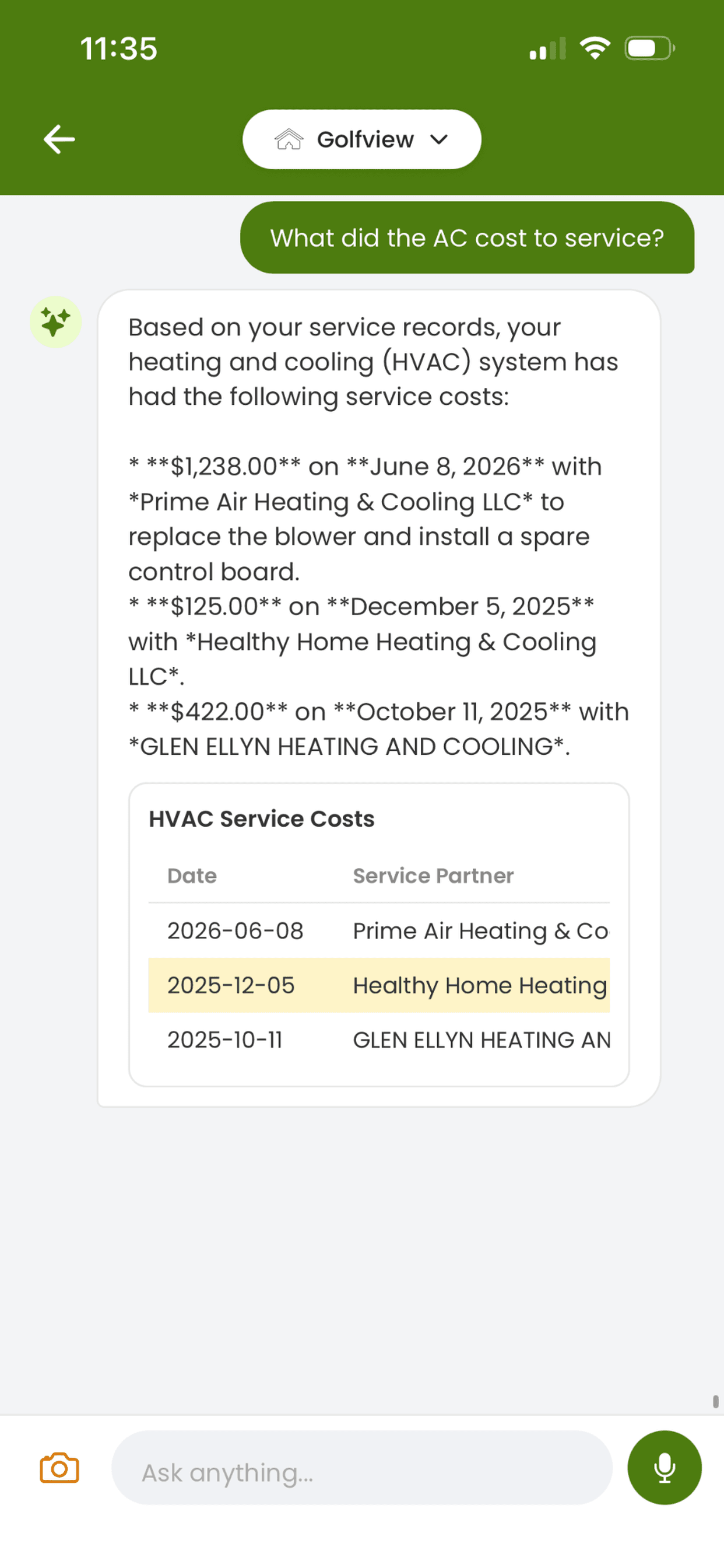 Home Agent answer showing what the AC cost to service
