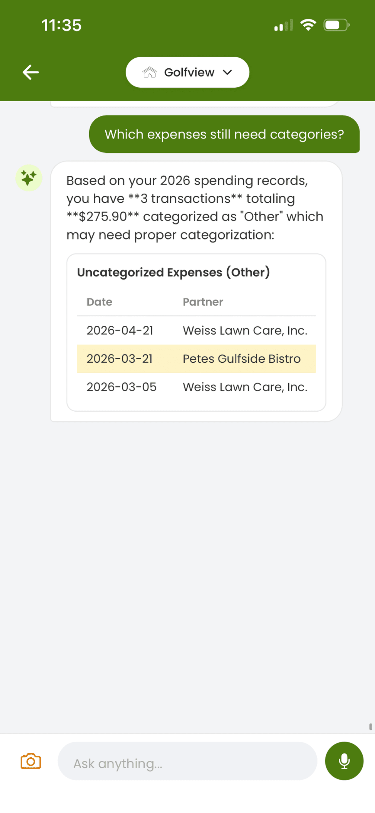 Home Agent answer showing expenses that still need categories
