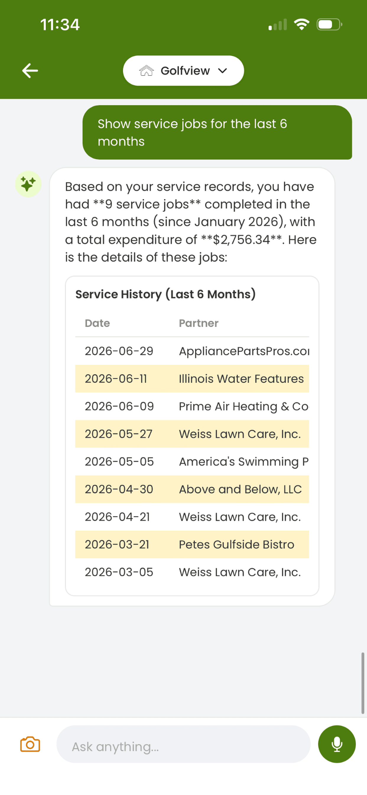 Home Agent answer showing service jobs from the last six months