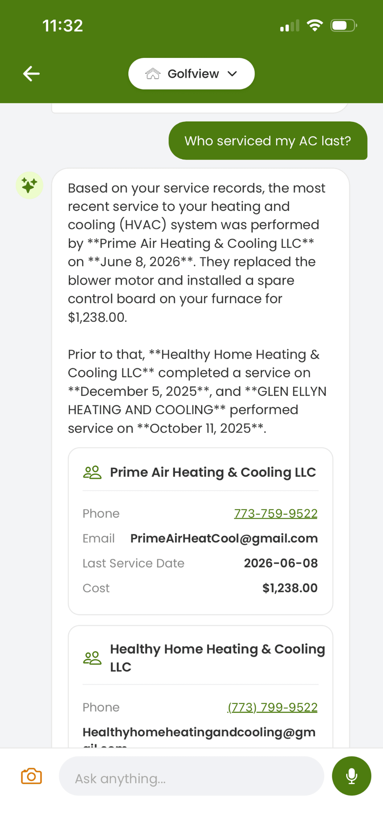 Home Agent answer showing who last serviced the AC