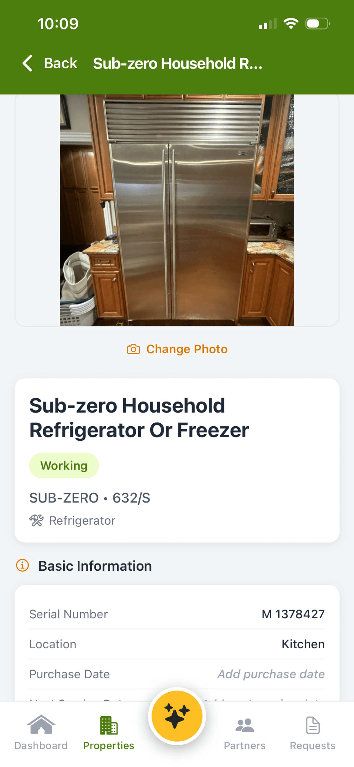 Refrigerator detail with model information, service history, and maintenance timeline from the Home Graph