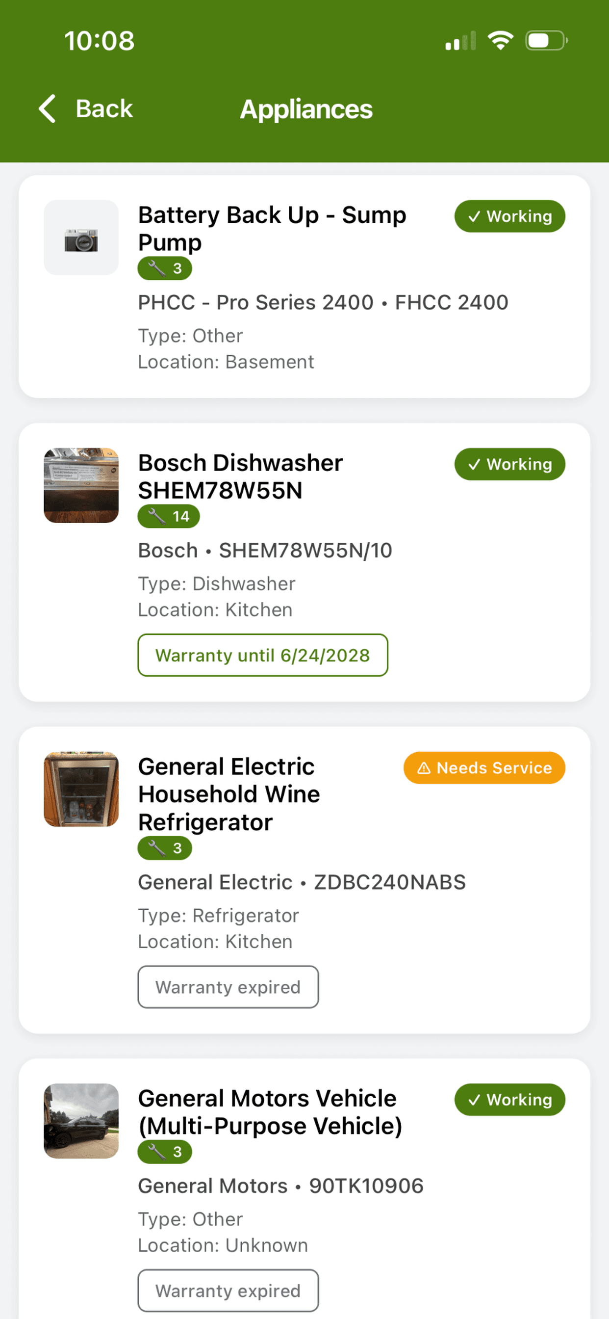 Appliance list showing every tracked appliance in the home with brand and service status