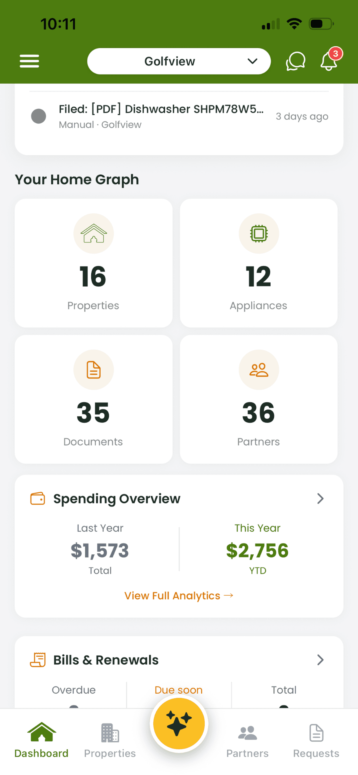 HeyProactive dashboard showing the Home Graph with properties, appliances, and upcoming maintenance at a glance