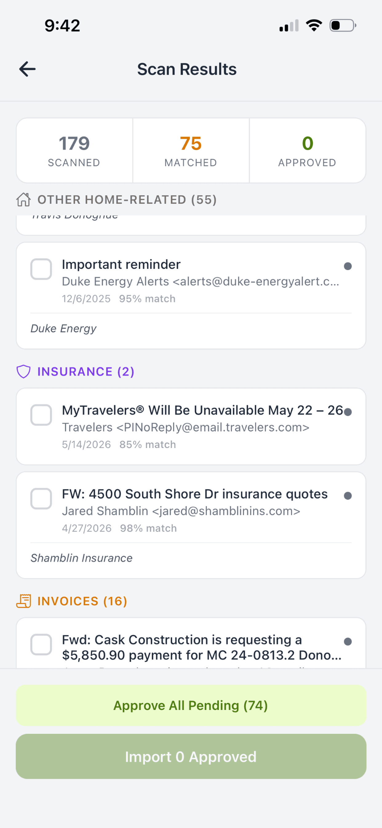 Document inbox with forwarded emails organized into home records