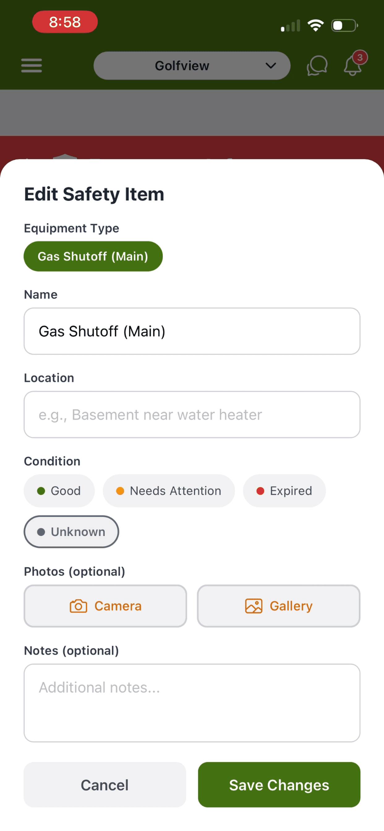 Editing an emergency info card with photo annotations for a shut-off valve