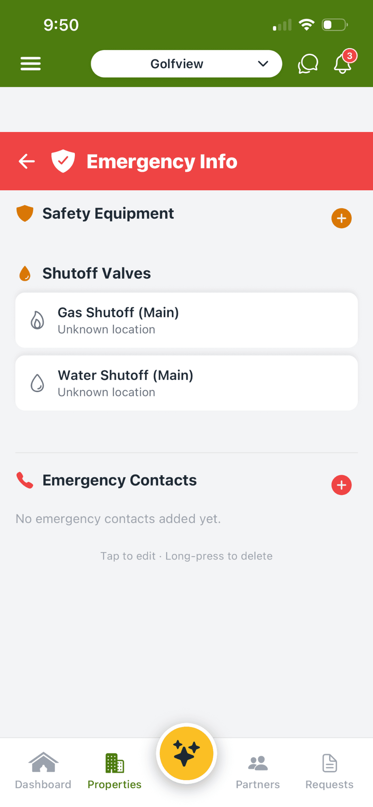 Emergency info cards with annotated photos of shut-off valves and electrical panels