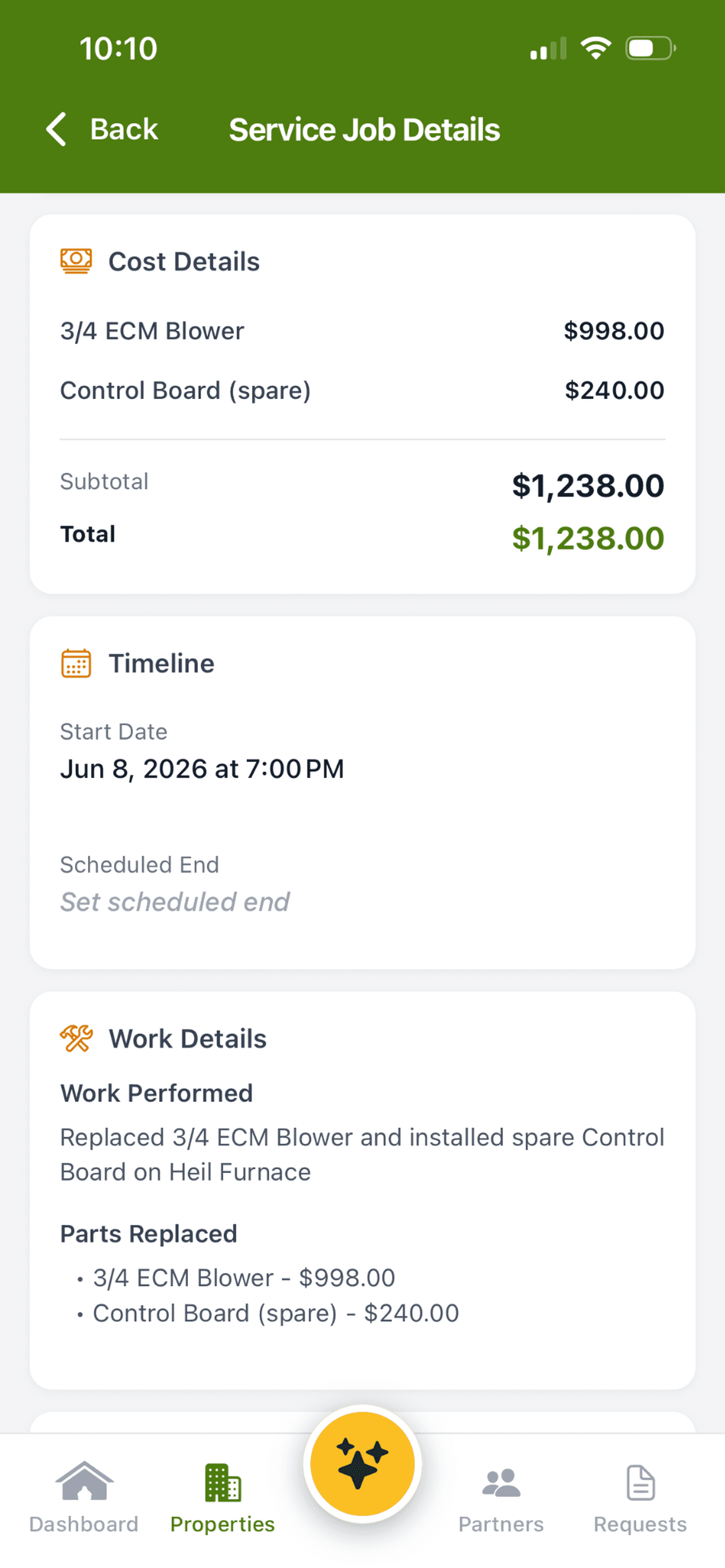 Service job record with cost details, the service partner, and the linked invoice