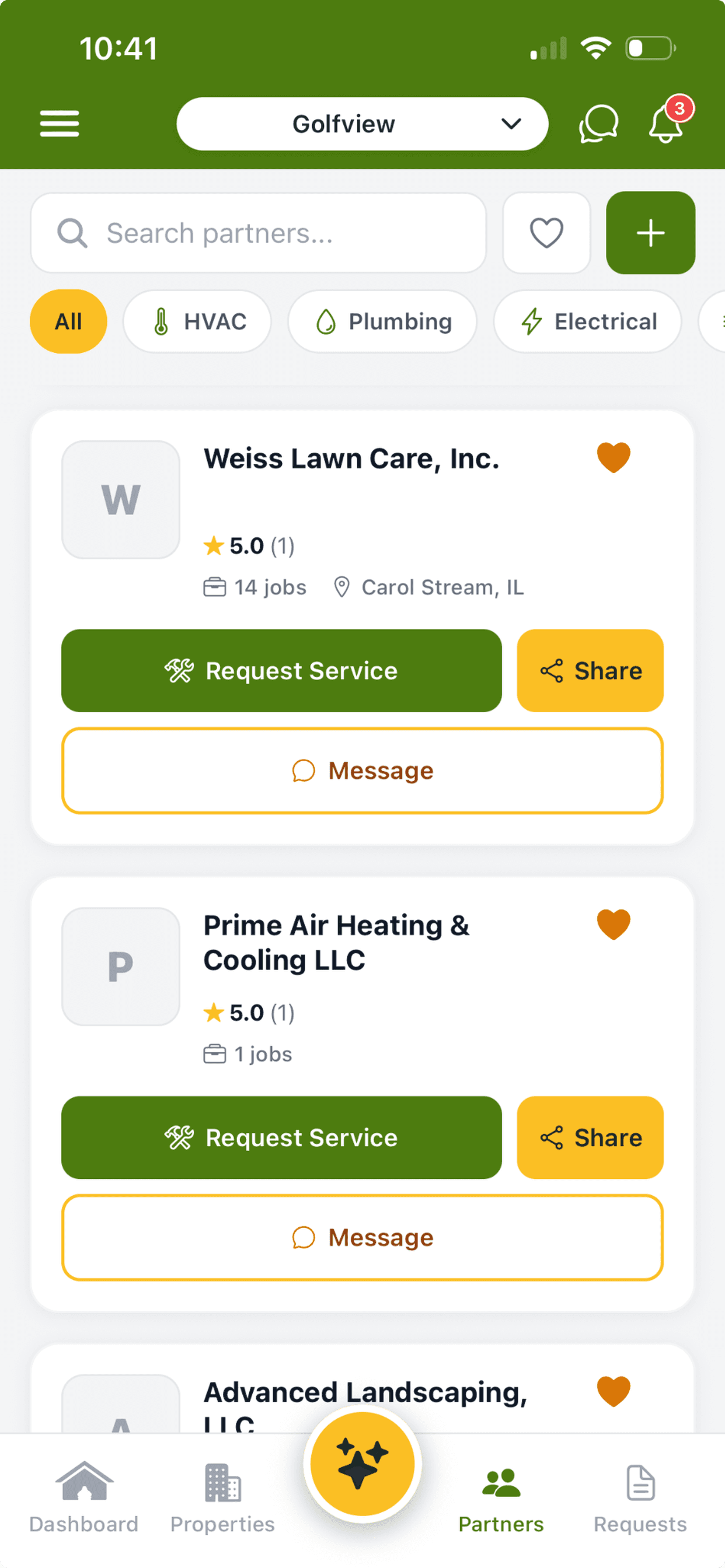 Service partner list of trusted local businesses that have worked on the home