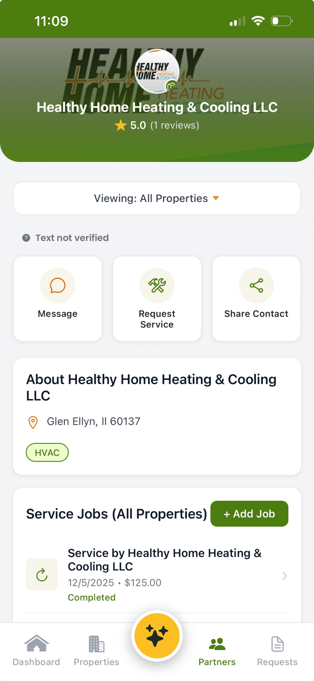 Service partner profile for a local business with reviews, contact details, and job history